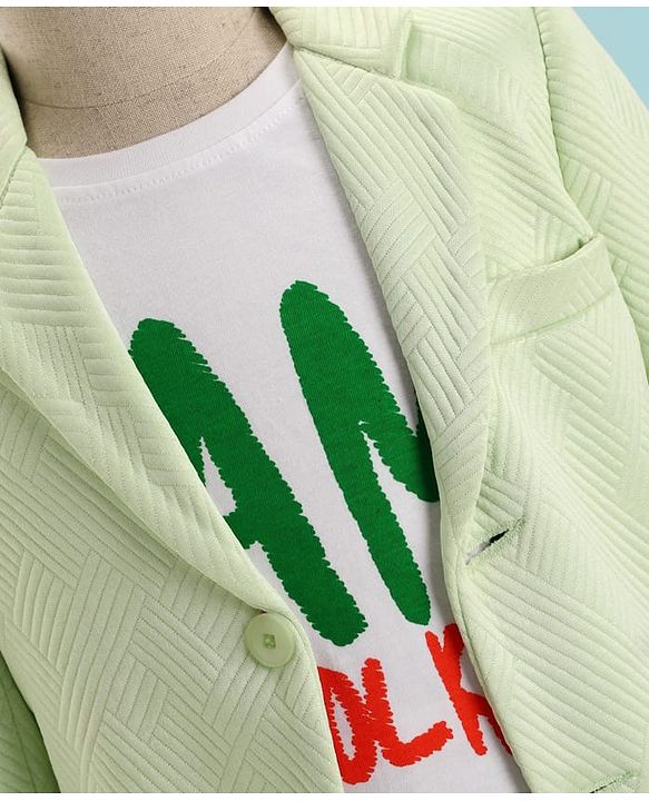 Pine Kids Knit Full Sleeves Solid Blazer with Trouser & Printed T-Shirt - Light Green