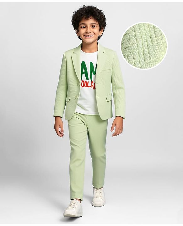 Pine Kids Knit Full Sleeves Solid Blazer with Trouser & Printed T-Shirt - Light Green