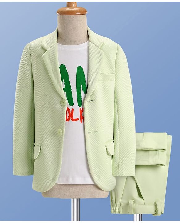 Pine Kids Knit Full Sleeves Solid Blazer with Trouser & Printed T-Shirt - Light Green