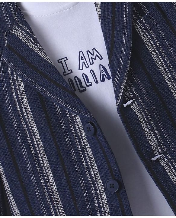 Pine Kids Knit Text Printed T-Shirt & Jeans with Full Sleeves Blazer - Navy Blue & White