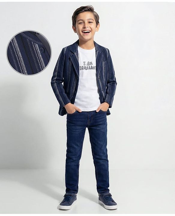 Pine Kids Knit Text Printed T-Shirt & Jeans with Full Sleeves Blazer - Navy Blue & White
