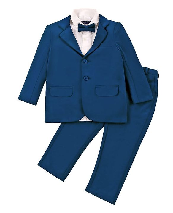 Pine Kids Knit Full Sleeves Solid Colour 3 Piece Party Suit With Bow - Teal Blue