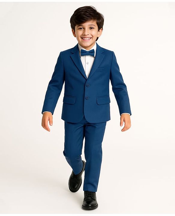 Pine Kids Knit Full Sleeves Solid Colour 3 Piece Party Suit With Bow - Teal Blue