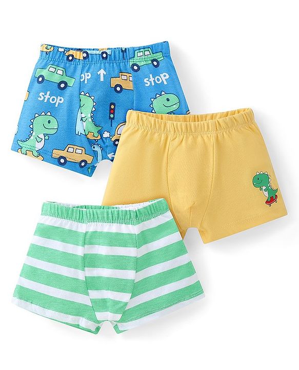 Babyhug 100% Cotton Antibacterial Striped & Dino Printed Trunks Pack of 3 - Yellow Blue & Green