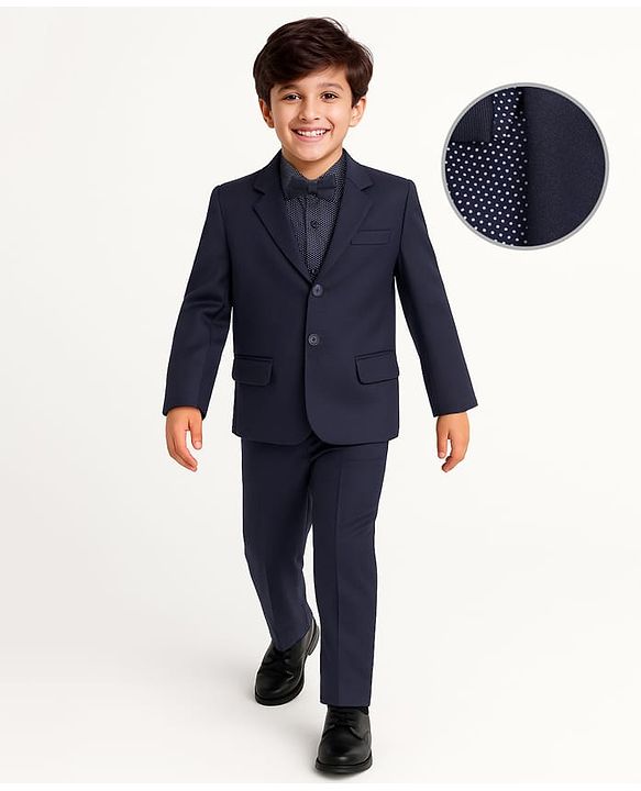 Pine Kids Knit Full Sleeves Solid Color 3 Piece Party Suit with Bow - Navy Blue