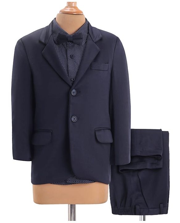 Pine Kids Knit Full Sleeves Solid Color 3 Piece Party Suit with Bow - Navy Blue