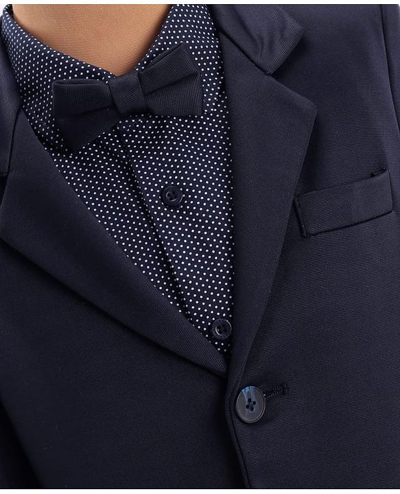 Pine Kids Knit Full Sleeves Solid Color 3 Piece Party Suit with Bow - Navy Blue