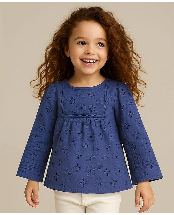 Babyhug Full Sleeves Schifli Top - Navy Blue