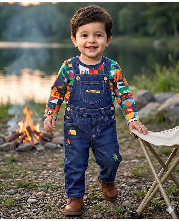 Babyhug Single Jersey Knit Full Sleeves Geometric Printed T-Shirt & Text Embroidered Dungaree - Navy Blue