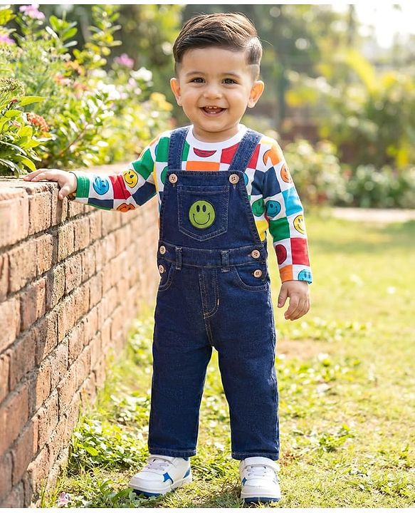 Babyhug Single Jersey Knit Full Sleeves Smiley Printed T-Shirt & Full Length Denim Dungaree - Navy Blue