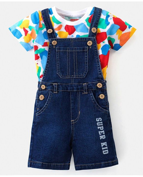 Babyhug Single Jersey Knit Dungaree with Half Sleeves T-Shirt Abstract & Text Print - Blue & White