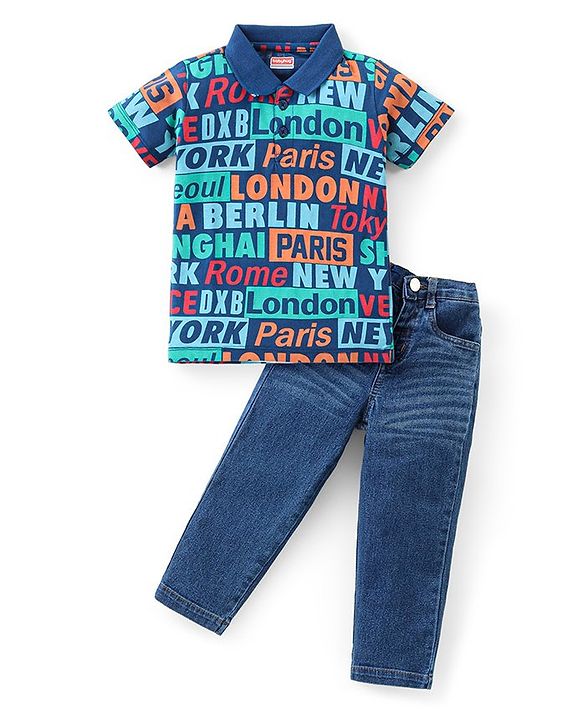 Babyhug Cotton Knit Half Sleeves Text Printed Polo T-Shirt & Denim Jeans Set - Blue