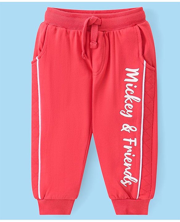 Babyhug Disney Cotton Knit Full Sleeves T-Shirt & Lounge Pants Set With Mickey Mouse Graphics - Red & White