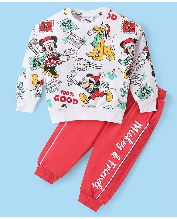 Babyhug Disney Cotton Knit Full Sleeves T-Shirt & Lounge Pants Set With Mickey Mouse Graphics - Red & White