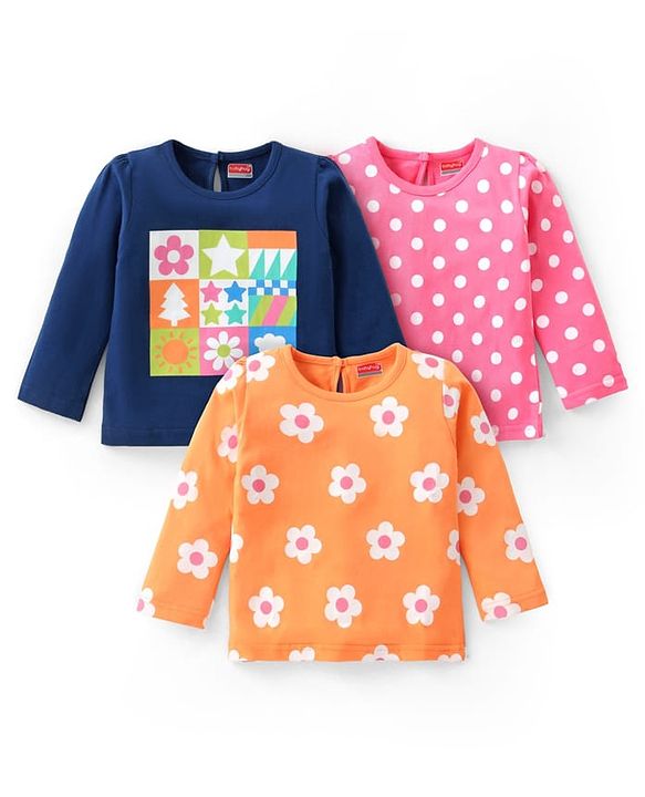 Babyhug Cotton Knit Full Sleeves T-Shirt with Floral & Polka Dots Print Pack of 3 - Navy Blue  Pink & Orange