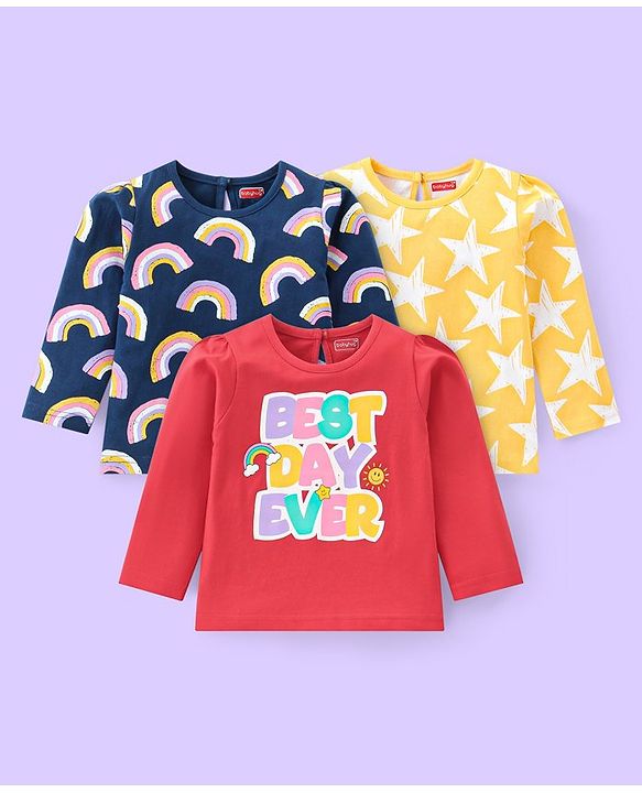 Babyhug Cotton Knit Full Sleeves Tops with Star & Text Print Pack of 3 - Navy Yellow & Red