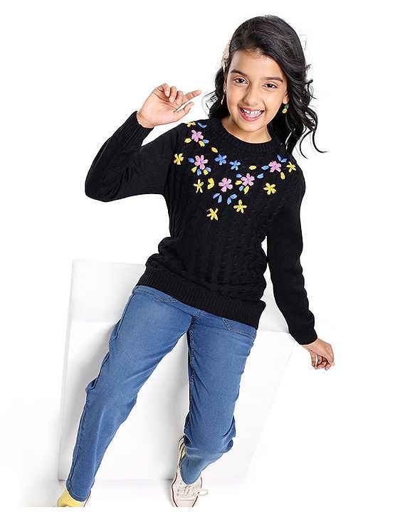 Pine Kids Full Sleeves Pull Over Sweater with Floral Embroidery - Black