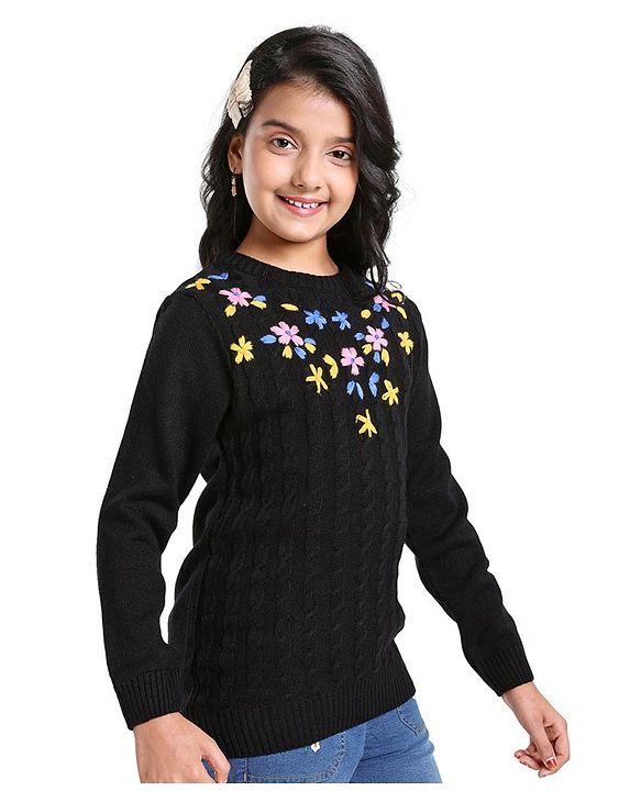 Pine Kids Full Sleeves Pull Over Sweater with Floral Embroidery - Black