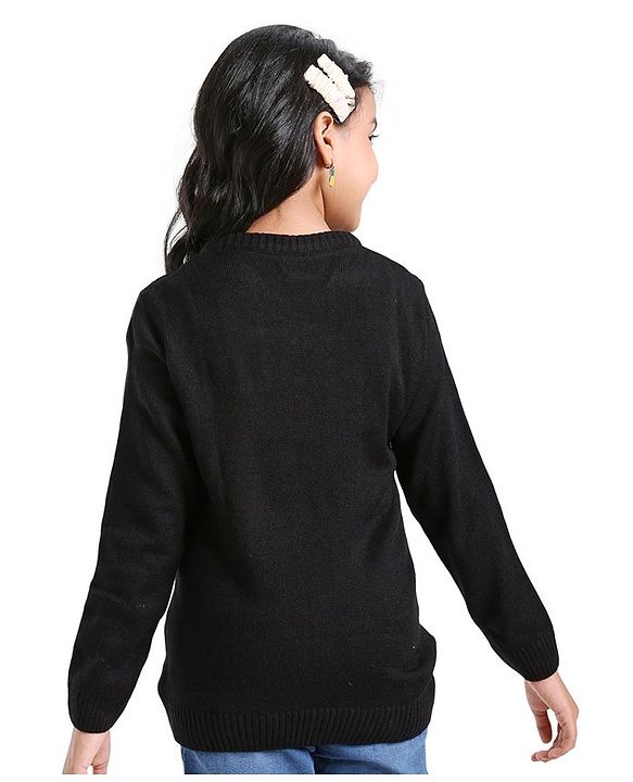 Pine Kids Full Sleeves Pull Over Sweater with Floral Embroidery - Black