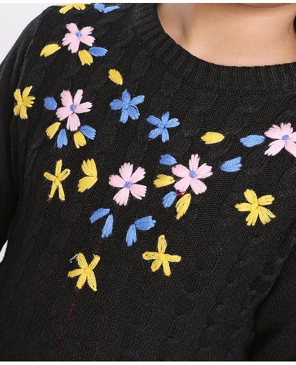 Pine Kids Full Sleeves Pull Over Sweater with Floral Embroidery - Black