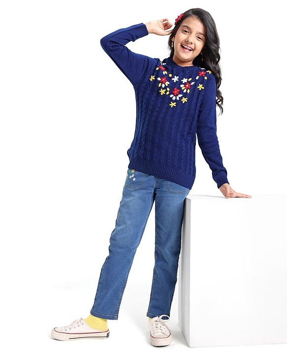 Pine Kids Full Sleeves Pull Over Sweater with Floral Embroidery - Navy Blue