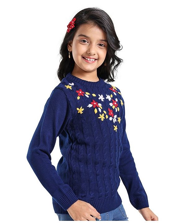 Pine Kids Full Sleeves Pull Over Sweater with Floral Embroidery - Navy Blue