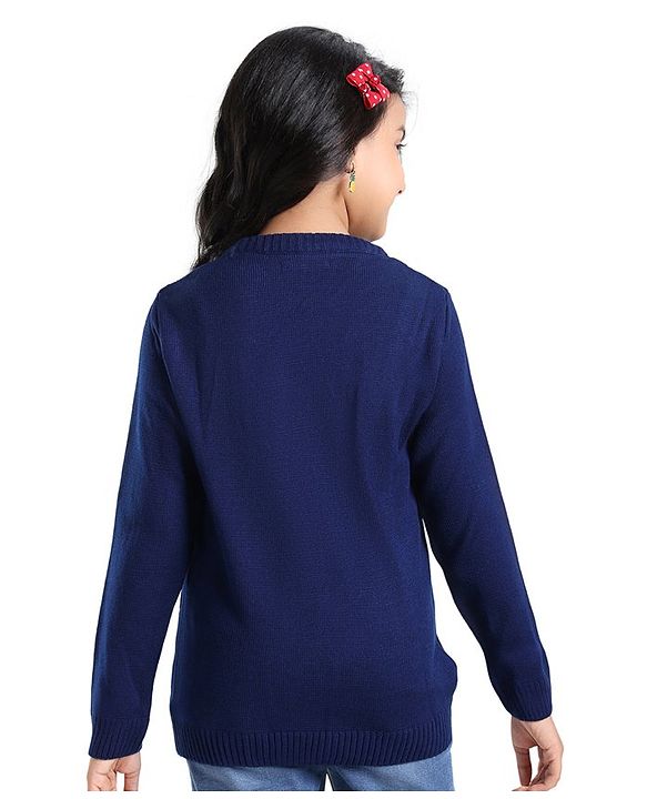 Pine Kids Full Sleeves Pull Over Sweater with Floral Embroidery - Navy Blue
