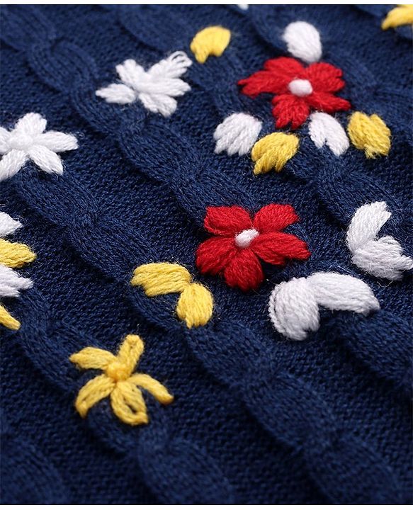Pine Kids Full Sleeves Pull Over Sweater with Floral Embroidery - Navy Blue
