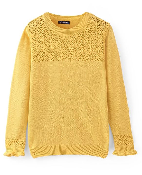 Pine Kids Knitted Full Sleeves Pullover Sweater with Cable Knit Design - Yellow