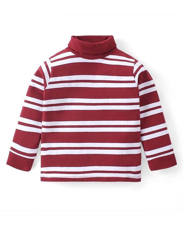 Babyhug Cotton Knit Full Sleeves Turtle Neck T-Shirt with Striped Print - Red & White