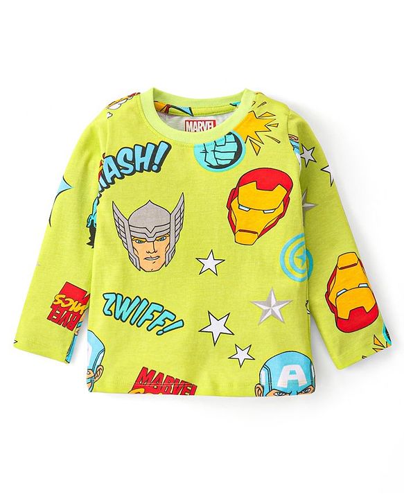 Babyhug Marvel Single Jersey Knit Full Sleeves Night Suit With Avengers Graphics - Limegreen