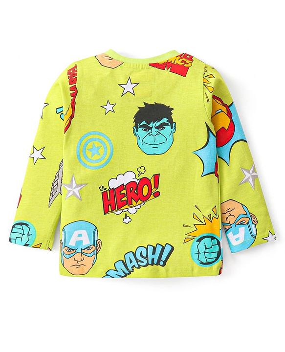 Babyhug Marvel Single Jersey Knit Full Sleeves Night Suit With Avengers Graphics - Limegreen