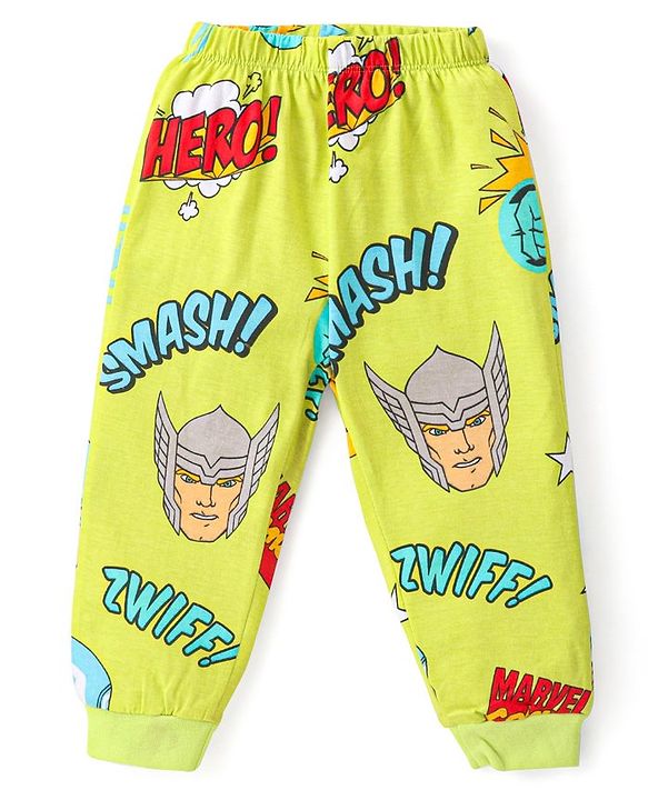 Babyhug Marvel Single Jersey Knit Full Sleeves Night Suit With Avengers Graphics - Limegreen