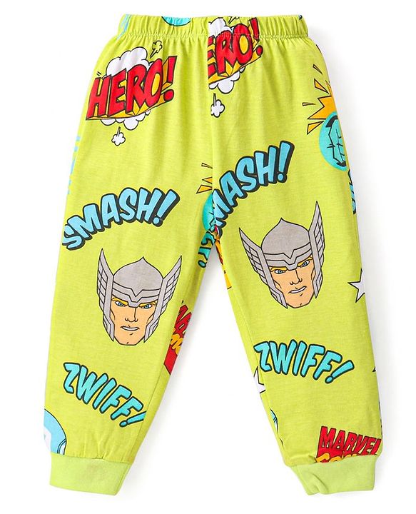 Babyhug Marvel Single Jersey Knit Full Sleeves Night Suit With Avengers Graphics - Limegreen