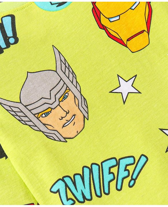 Babyhug Marvel Single Jersey Knit Full Sleeves Night Suit With Avengers Graphics - Limegreen