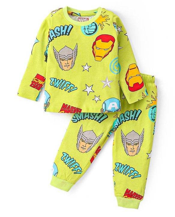 Babyhug Marvel Single Jersey Knit Full Sleeves Night Suit With Avengers Graphics - Limegreen
