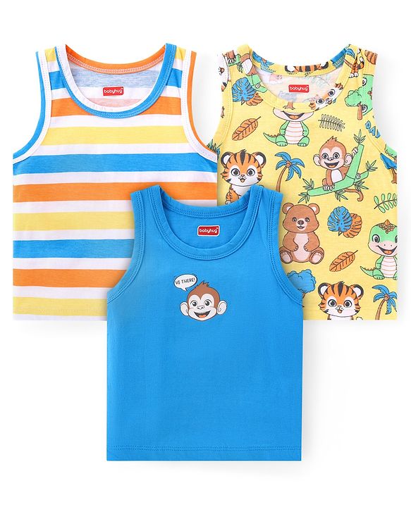 Babyhug 100% Cotton Sleeveless Antibacterial Sandos Striped & Cub Print Pack of 3 - Yellow White & Blue