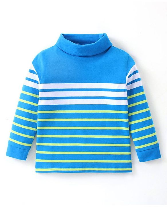 Babyhug Cotton Knit Full Sleeves Skivi T-Shirt with Stripes Print - Blue & White