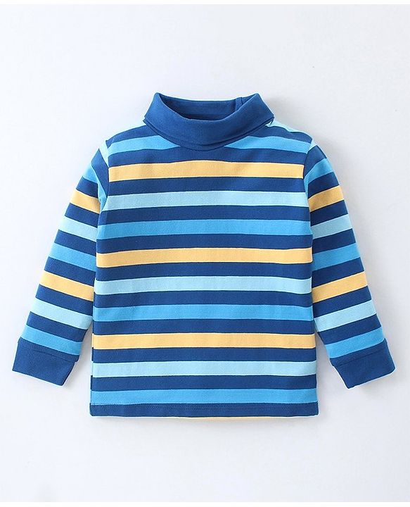 Babyhug Cotton Knit Full Sleeves Skivi T-Shirt with Stripes Print - Blue & Orange