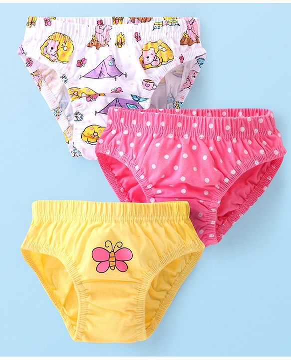 Babyhug 100% Cotton Knit Single Jersey Antibacterial Panties with Polka Dots & Butterfly Print Pack of 3 - Pink White & Yellow