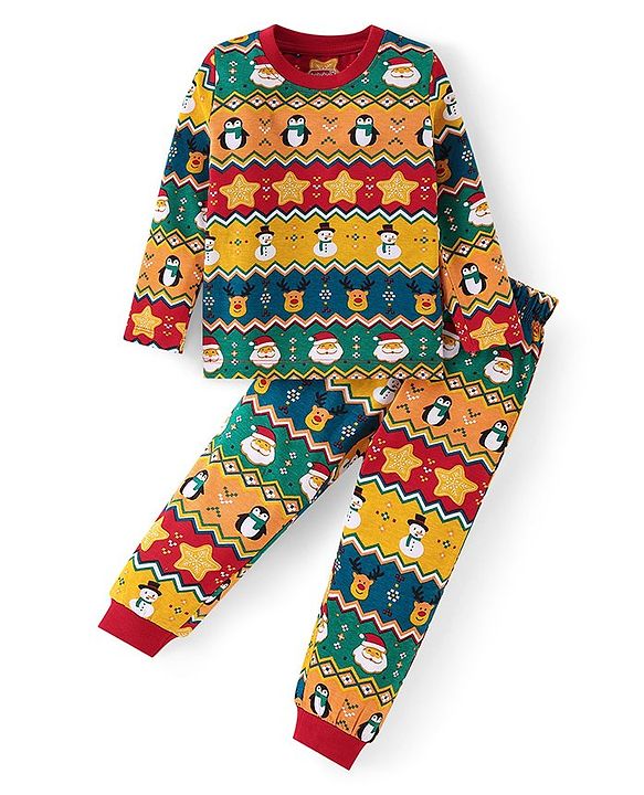 Babyhug Cotton Knit Full Sleeves Night Suit with Christmas Print - Multicolour