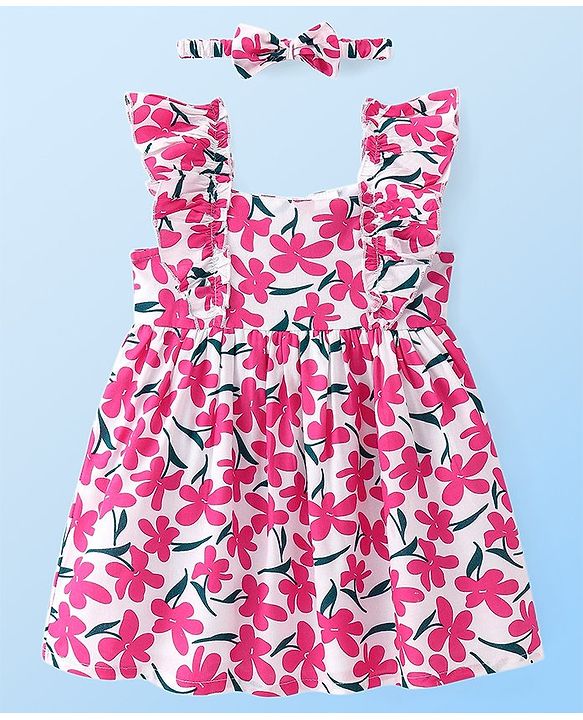 Babyhug Woven Frill Sleeves Frock with Headband & Floral Print - Pink