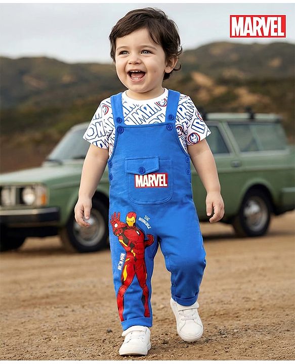 Babyhug Marvel Single Jersey Knit Half Sleeves T-Shirt & Dungaree with Text & Avenger Graphics - Blue