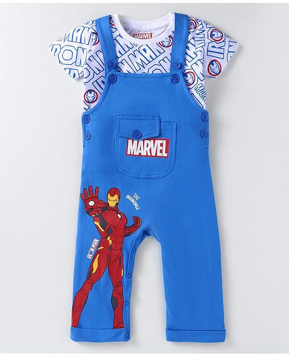 Babyhug Marvel Single Jersey Knit Half Sleeves T-Shirt & Dungaree with Text & Avenger Graphics - Blue