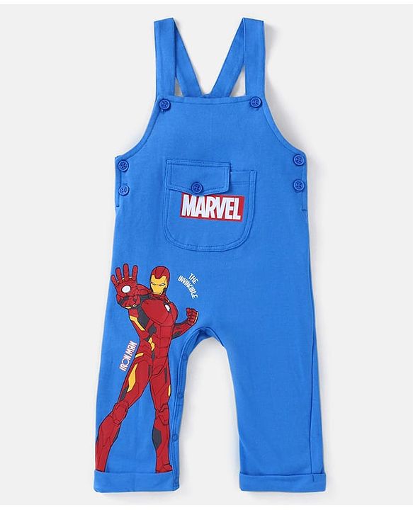 Babyhug Marvel Single Jersey Knit Half Sleeves T-Shirt & Dungaree with Text & Avenger Graphics - Blue