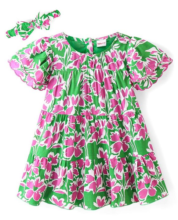 Babyhug Cambric Woven Half Sleeves Frock with Headband & Floral Print - Multicolor