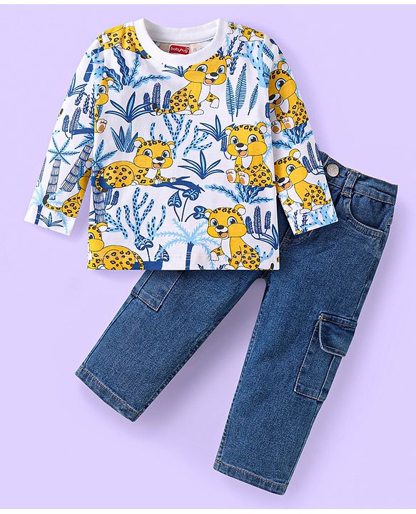 Babyhug Single Jersey Knit Full Sleeves Cheetah Printed T-Shirt & Solid Denim Jeans Set - White & Blue