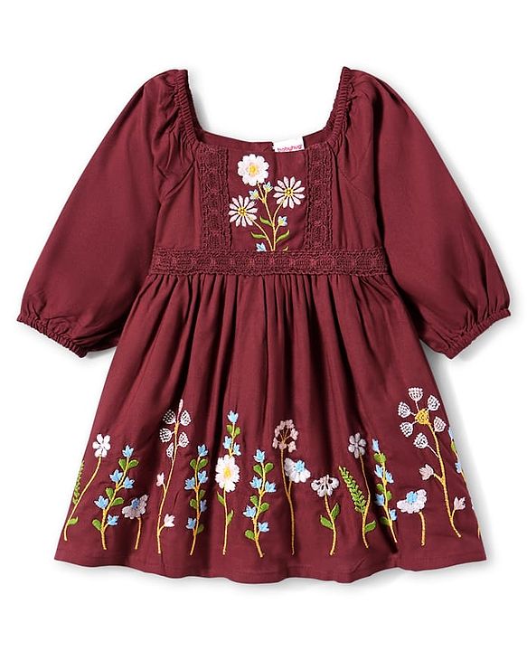 Babyhug Cotton Woven Three Fourth Sleeves Frock with Floral Embroidery & Lace Detailing - Wine