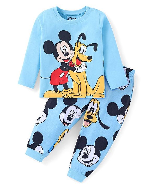 Babyhug Disney Single Jersey Knit Full Sleeves Night Suit With Mickey Mouse Graphics - Light Blue