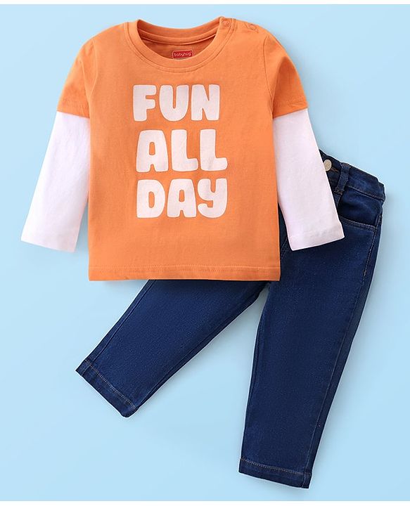 Babyhug Single Jersey Knit Full Doctor Sleeves T-Shirt & Denim Pant Set with Text Print - Orange